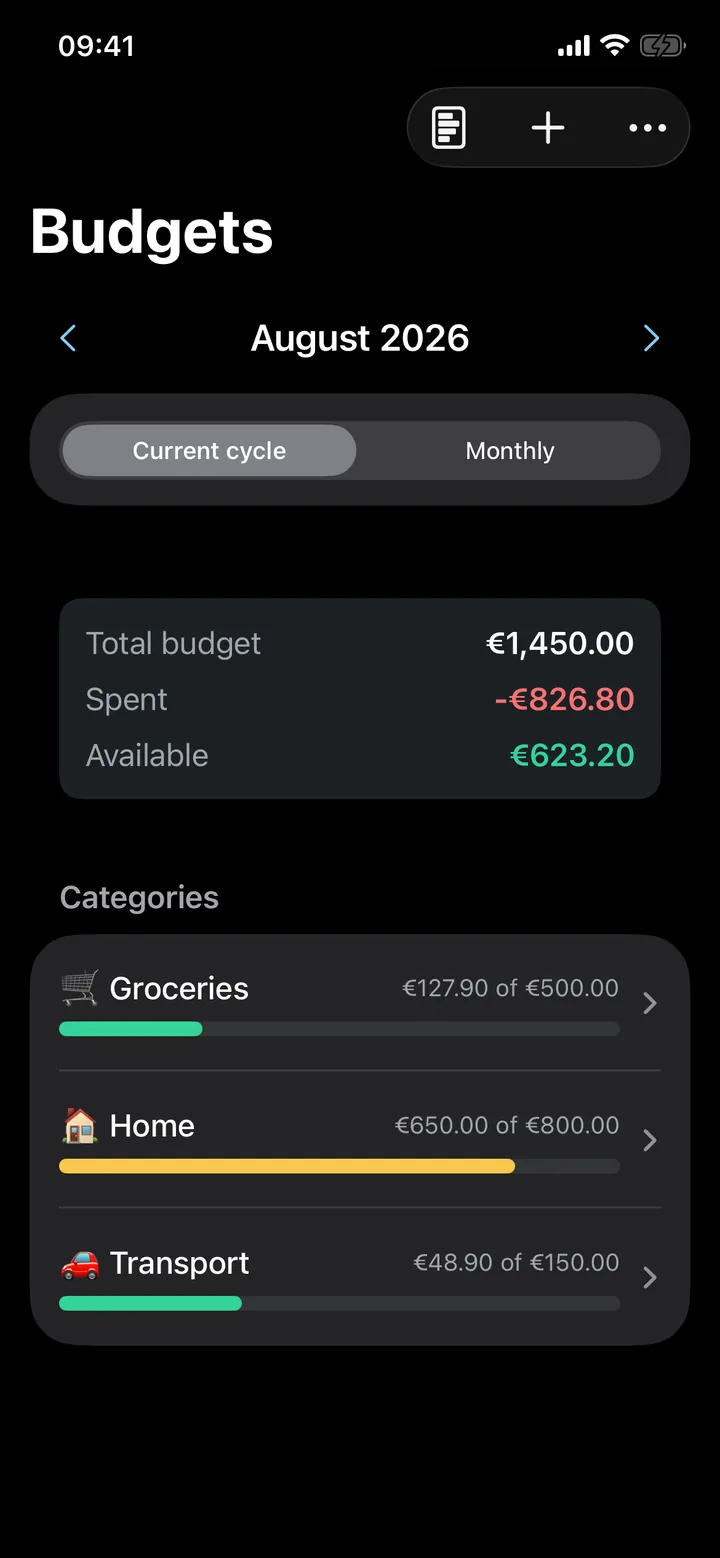 Budgets by category in dark mode.