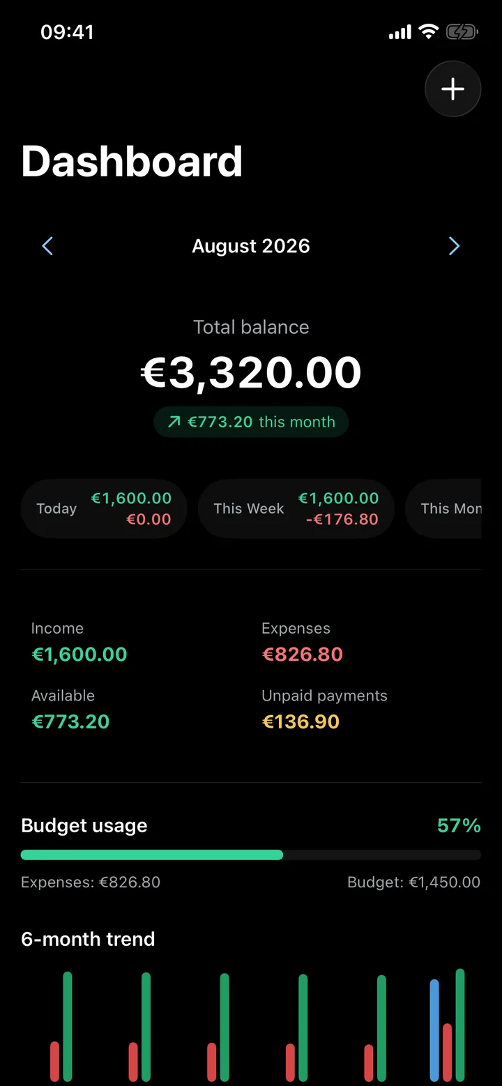 Bolso Dashboard in dark mode, with the total balance and the month at a glance.
