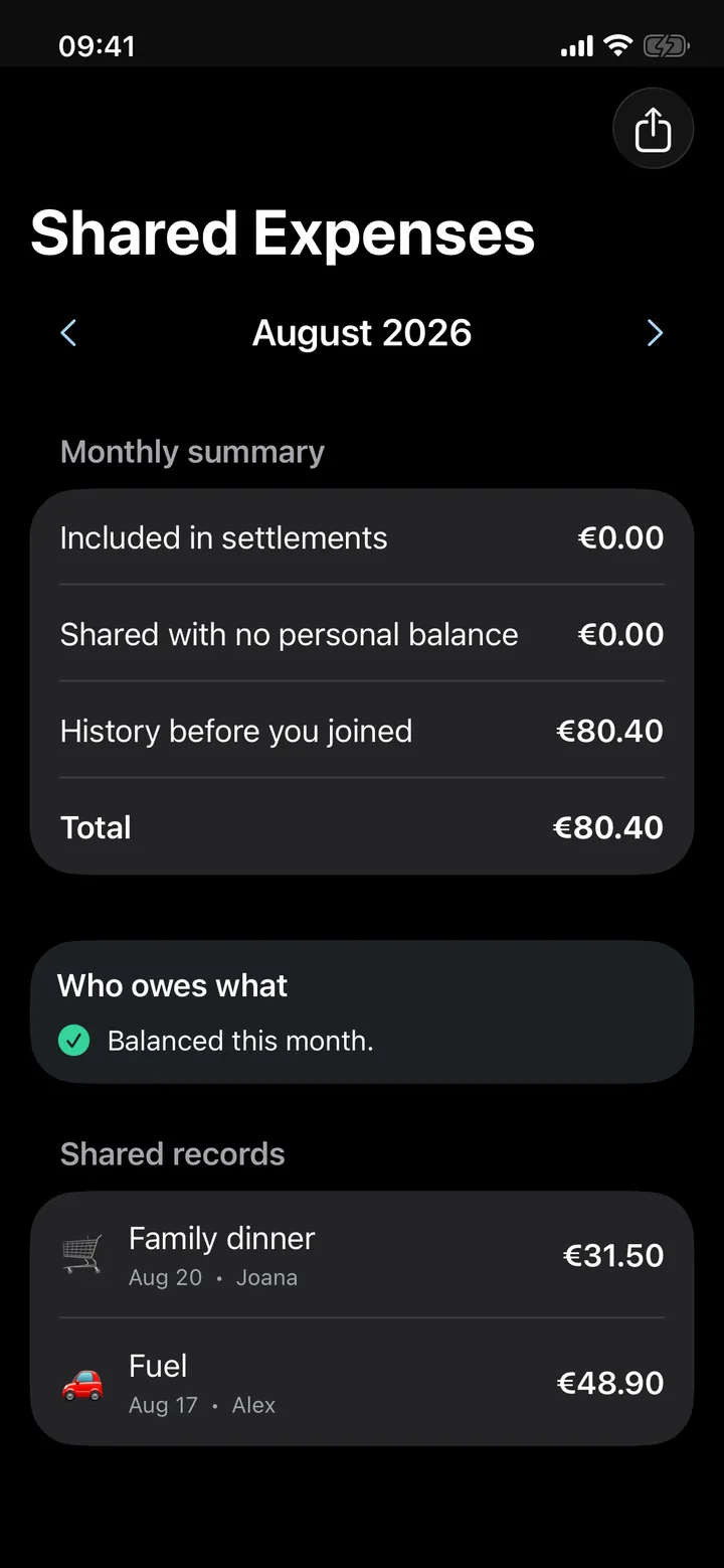 Shared Expenses in dark mode.
