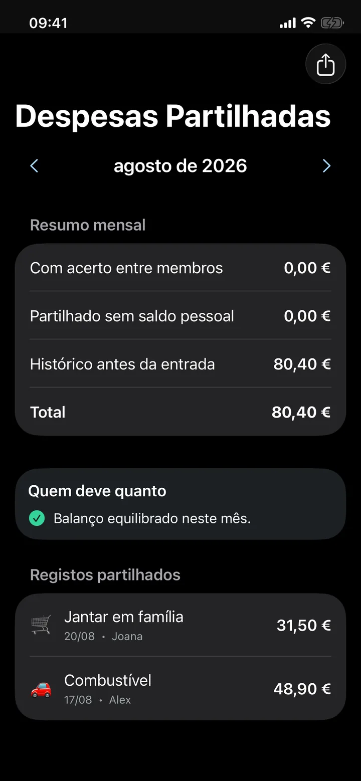 Despesas Partilhadas em modo escuro.